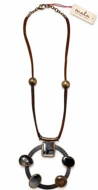 MELA ARTISANS STATEMENT NECKLACE MULTI STONE CIRCLE PENDANT BROWN CORD BOHO
